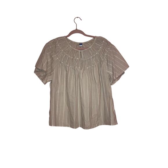 NWT Old Navy Beige Stripe Puff Sleeve Yoke Peasant Top Size Large - Picture 1 of 7
